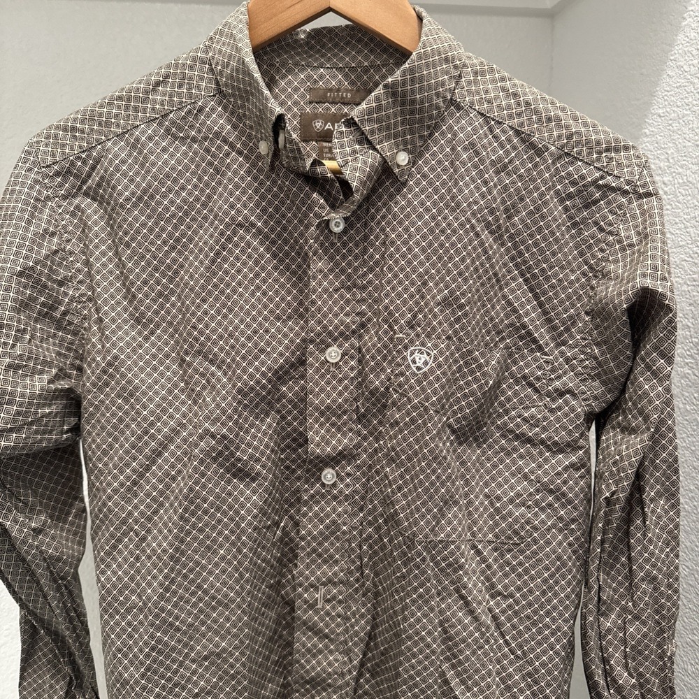 Ariat Men's Small Fitted Brown Long Sleeve Button Down Shirt Geometric Cowboy